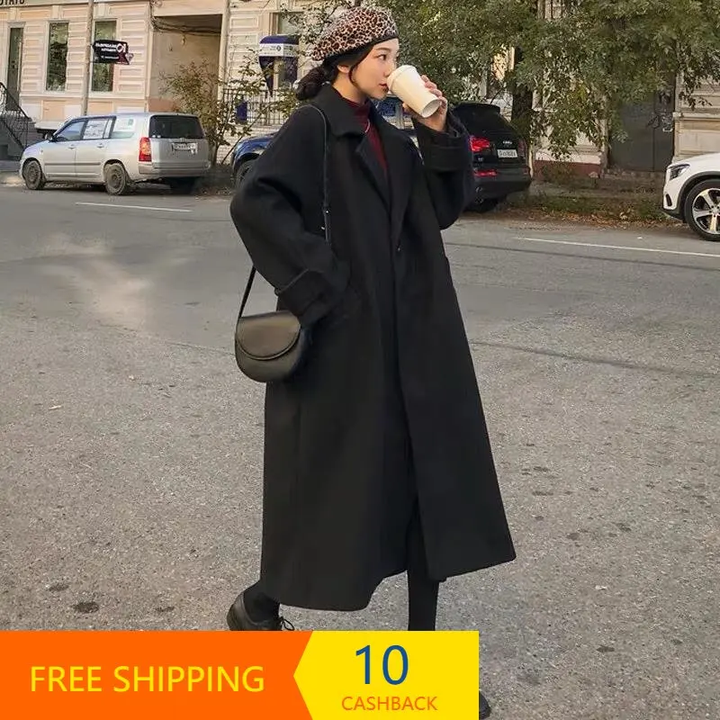 

Hepburn Style Sweater Coat Female Winter Overknee Mid-Length Loose Mori Thickened Black Woolen Overcoat Trench Coat for Women