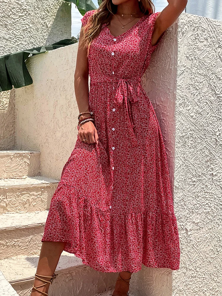 

JIM & NORA Women Floral Printed Dresses Button V Neck Summer Dress Female Short Sleeve Boho Fashion A-line Vestidoes