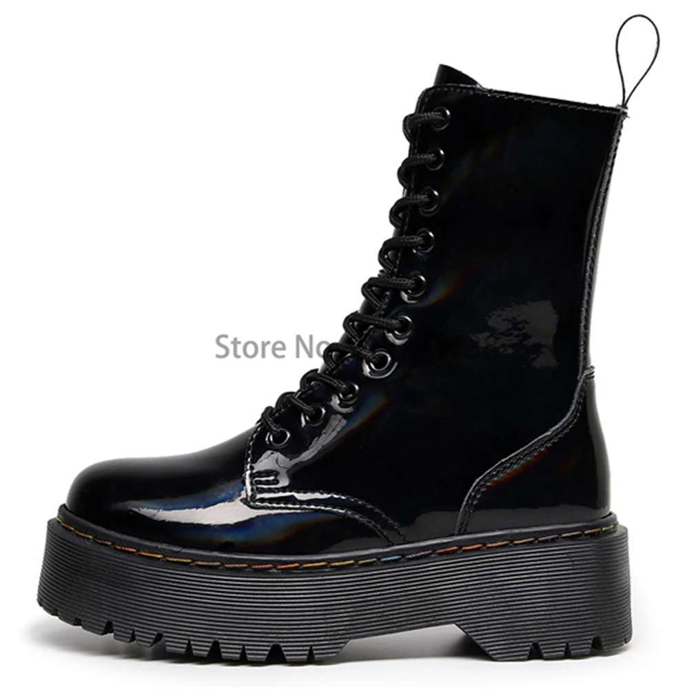 2022 New Mid Calf Boots Women Fashion Lace-up Zipper Botas Mujer Boots Black Reflective Platform Heel Ladies Shoes Gothic Punk
