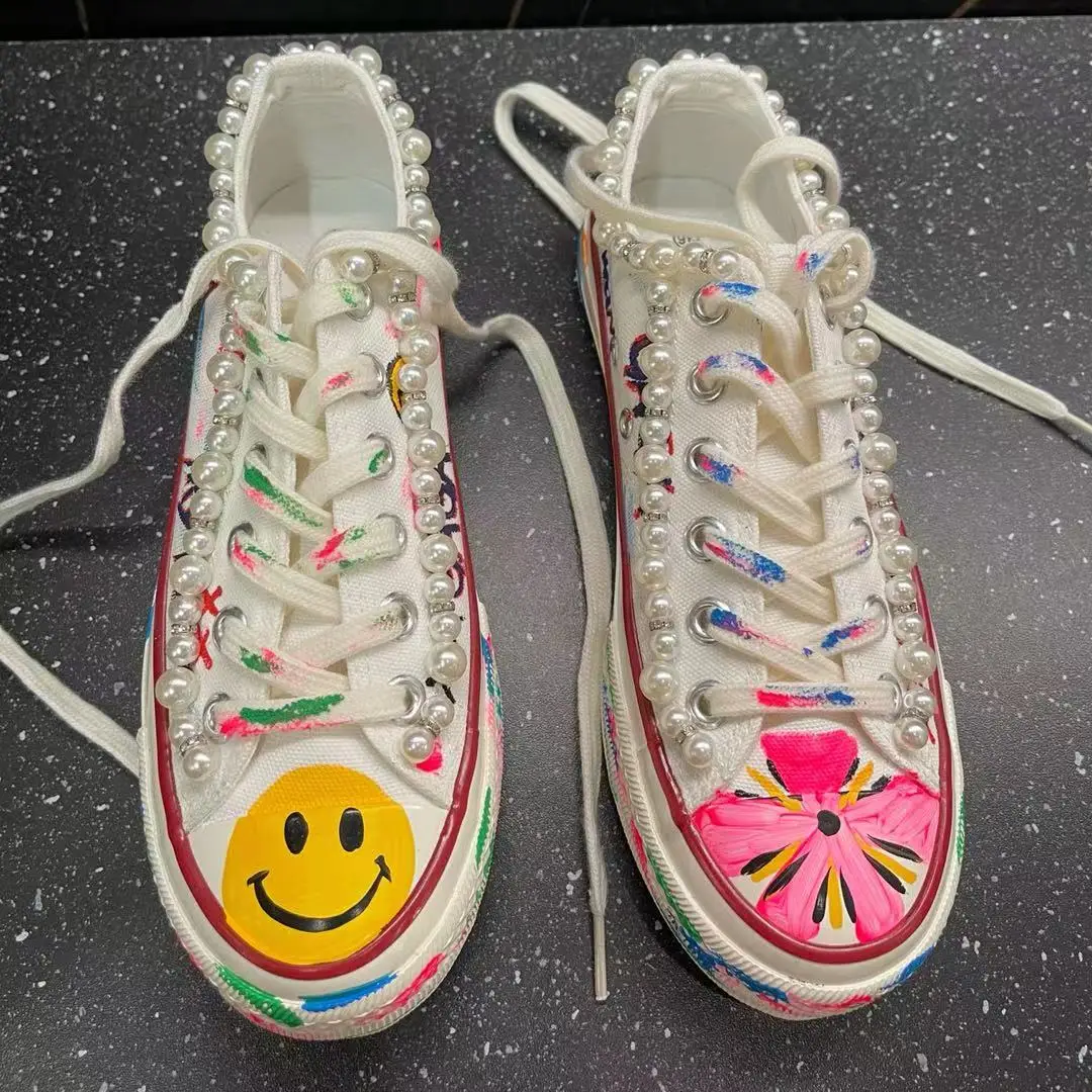 

Canvas shoes low-top heavy industry beaded hand-painted graffiti wild personality shoes banquet party shoes 35-44