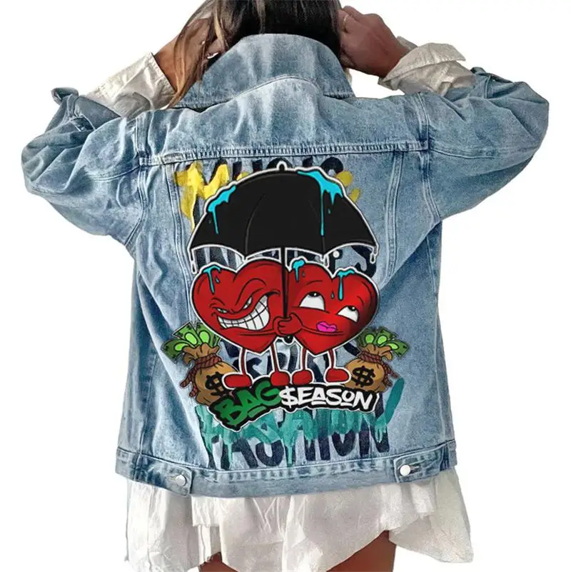 

Women's 2023 Autumn New Spicy Girls Street Fashion Letters Funny Stories Personalized Love Lover Print Pattern Denim Jacket