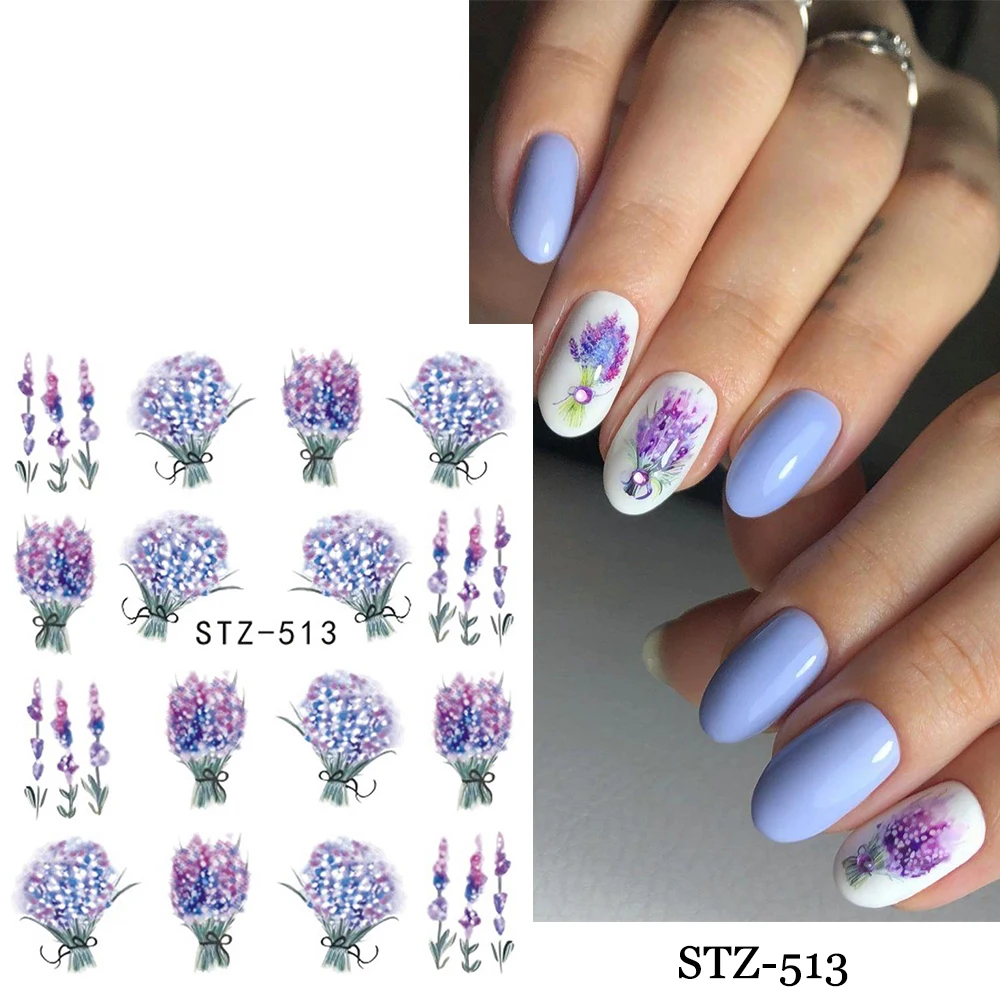 Лавандовая наклейка для ногтей весенний цветок водная роза пион черные листья