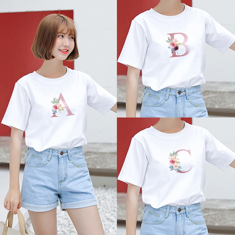

Pink Letter Round Neck Short Sleeve Clothes Casual Fashion T-Shirt Tops Women's T-shirt Summer Women's Print T-Shirt Tops Women