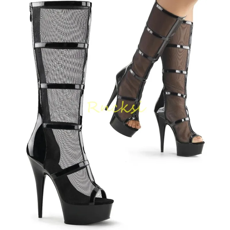 

15cm Black toe-leaking boots ladies' new high-heeled high-heeled boots with inner heightening mesh