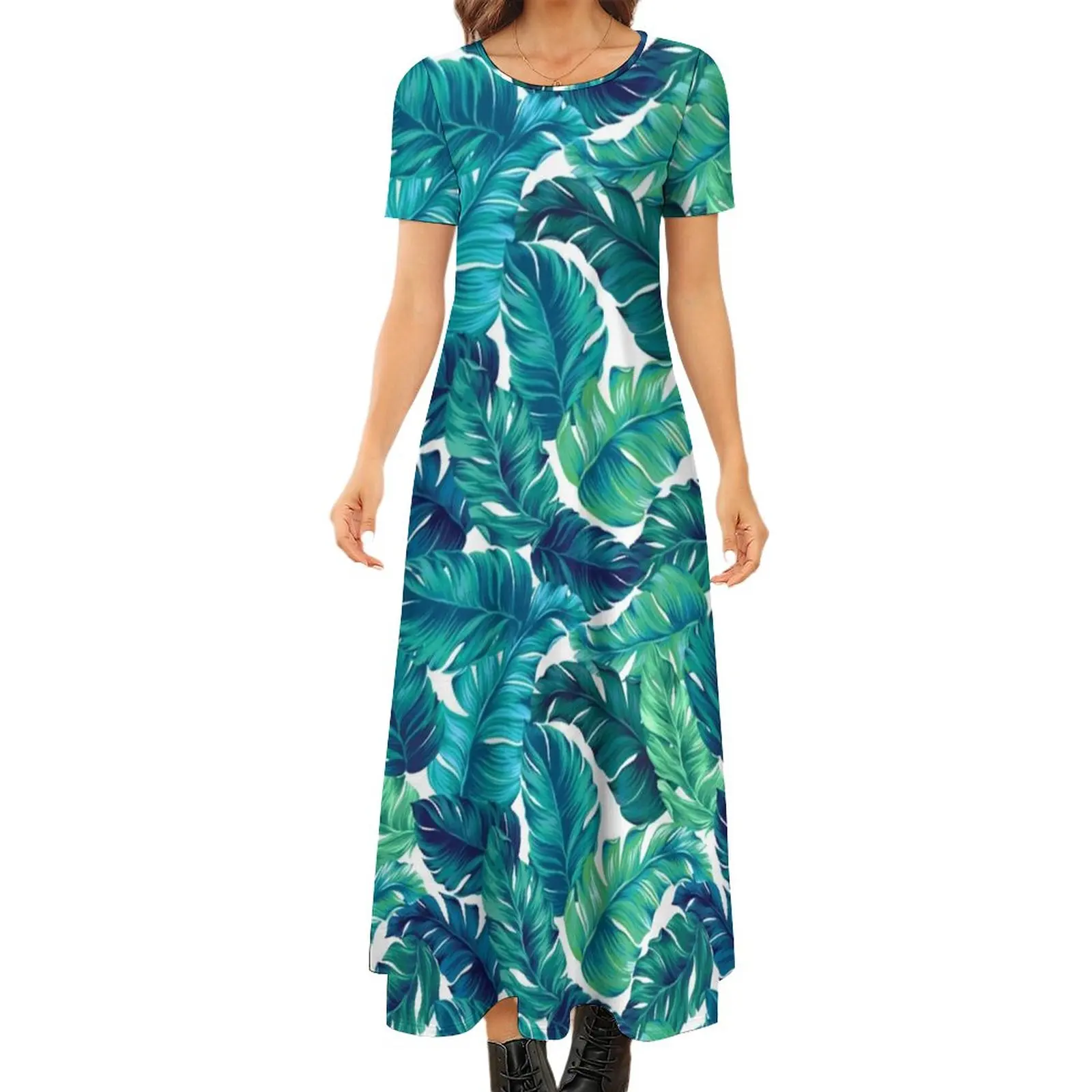 

Tropical Print Dress Funky Banana Leaf Party Maxi Dress Street Style Boho Beach Long Dresses Woman Short Sleeve Oversize Vestido