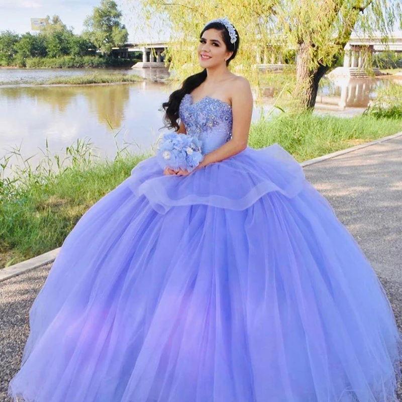 

Фиолетовые кружевные вышитые бисером кристаллы, платья для Quinceanera, милое бальное платье на шнуровке сзади, одежда для выпускного вечера, мил...