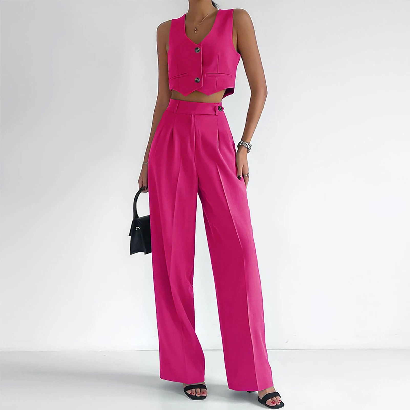 

Women Casual 2 Piece Outfit High Waisted Cotton Linen Sleeveless Top Long Pants Single Breasted Slim Fit Daily Outfit