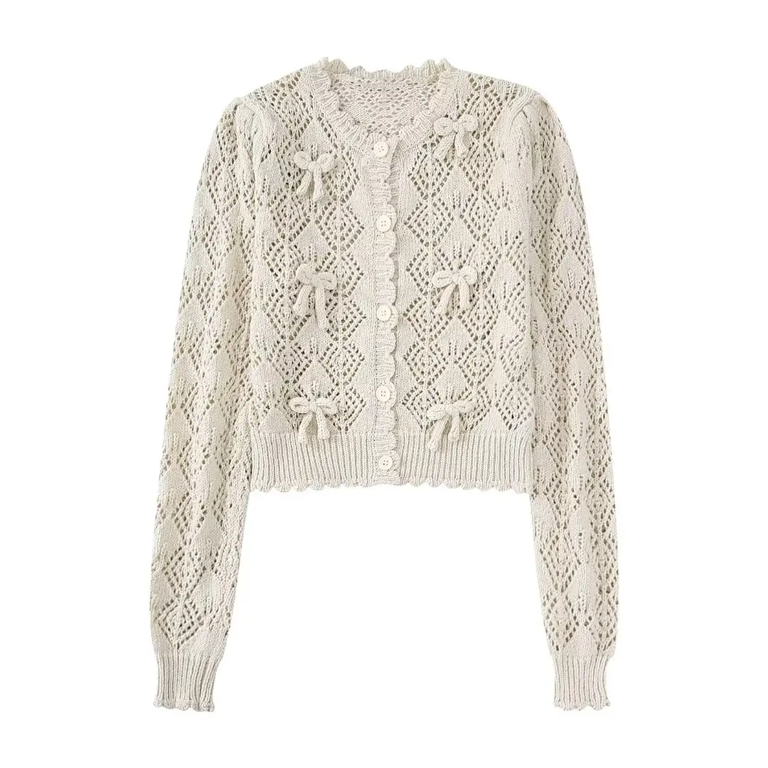 

2022 Women Fashion With Bows Crop Pointelle Knit Cardigan Sweater Vintage Long Sleeve Button-up Female Outerwear Chic Tops