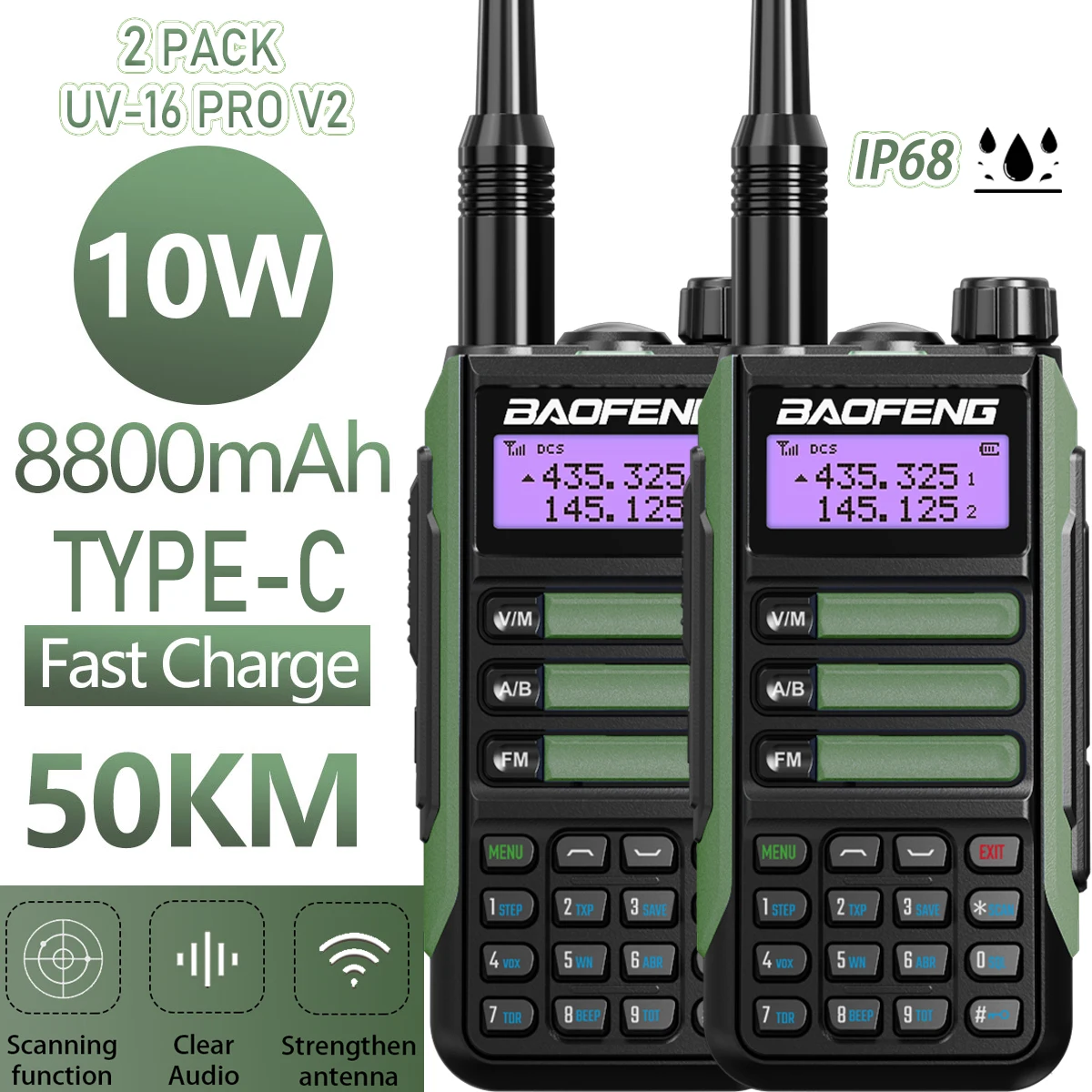 2PACK BaoFeng UV-16 PRO V2 10W Professional WalkieTalkie UV16Pro Type-C Charger Long Range Two Way Radio Upgrade UV5R UV10R