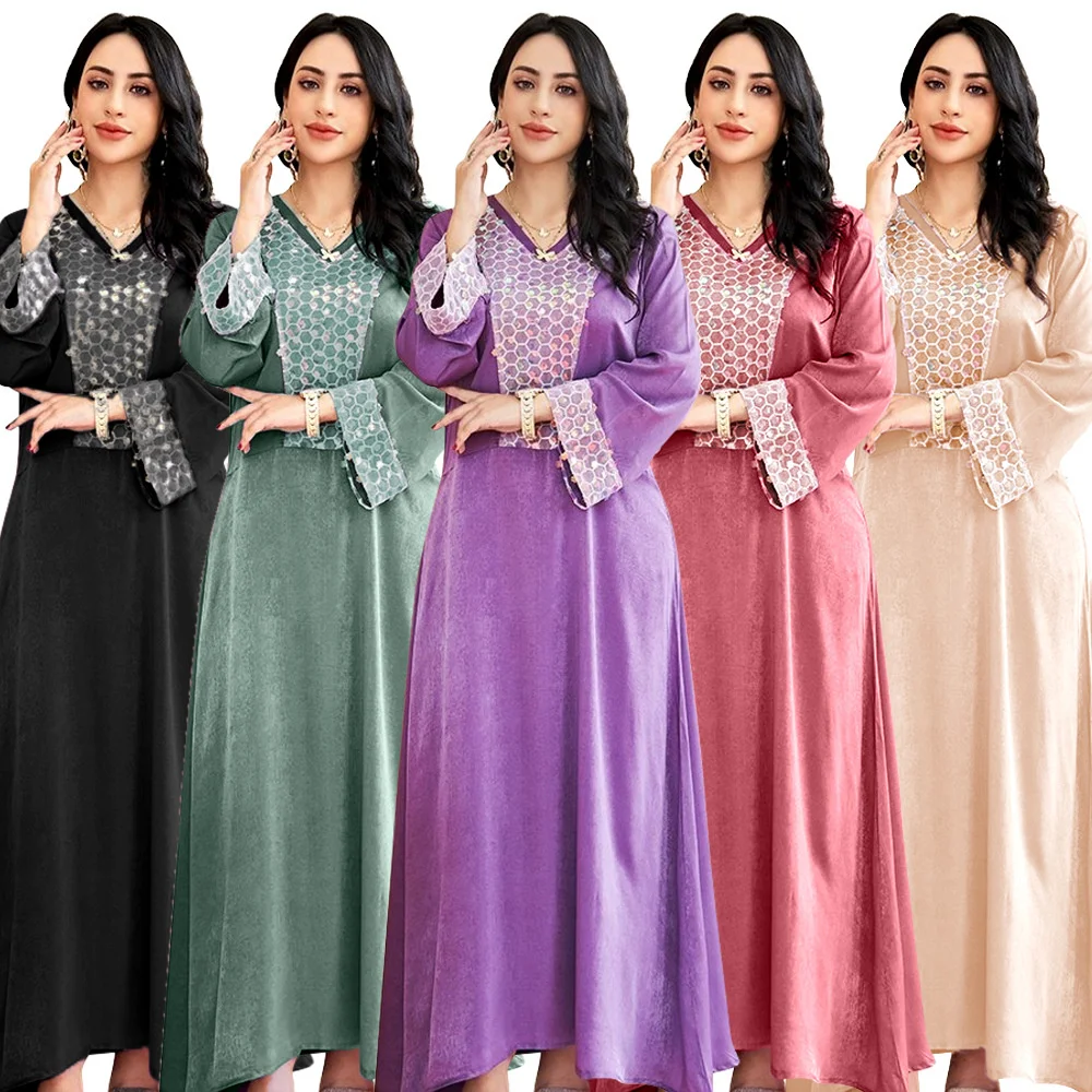 

Muslim Abaya Sequins Dress African Dashiki Vestido Cardigan Kimono Long Robe Gowns Jubah Middle East Ramadan Arab Islamic