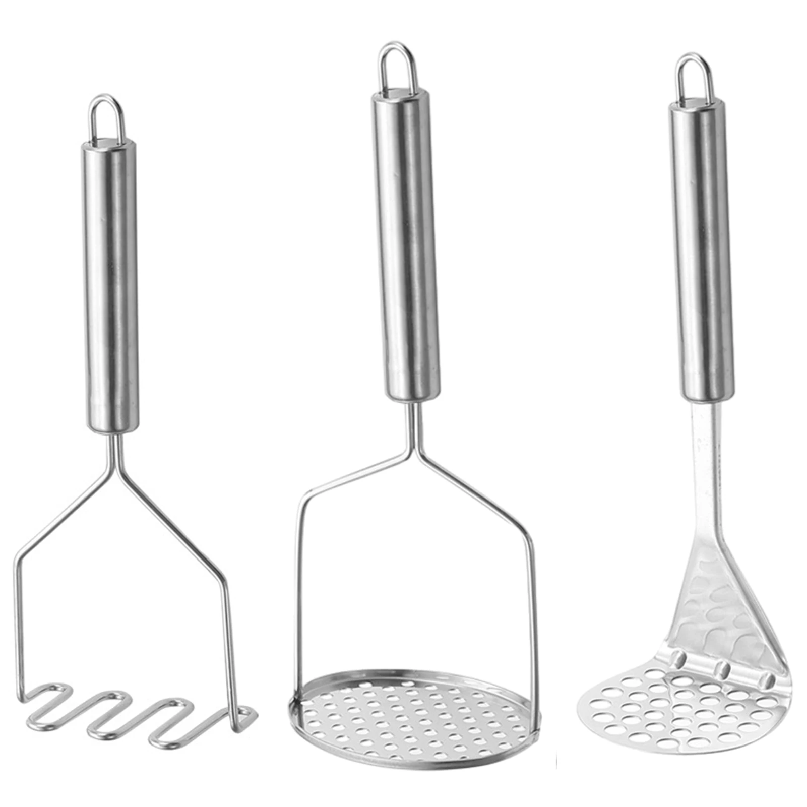 

3pcs Beans Smooth Edges Heavy Duty With Thick Handle Avocado Potato Masher Kitchen Tool Stainless Steel Multifunctional Silver