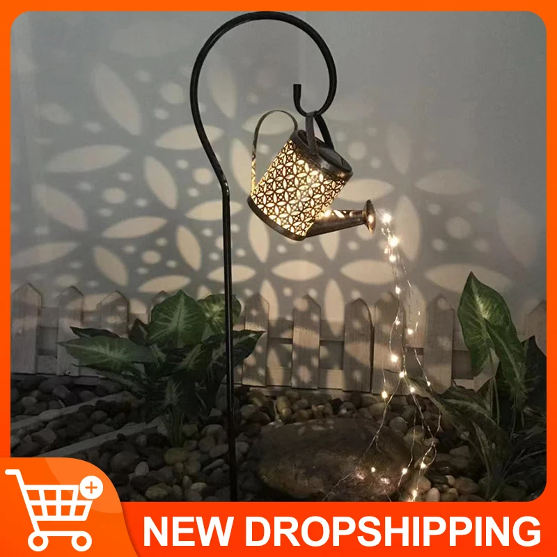 

Solar LED Light Outdoor Watering Can String Sprinkles Star Hollow Out Iron Garden Decoration Ornament Art Lamp Hanging Lantern