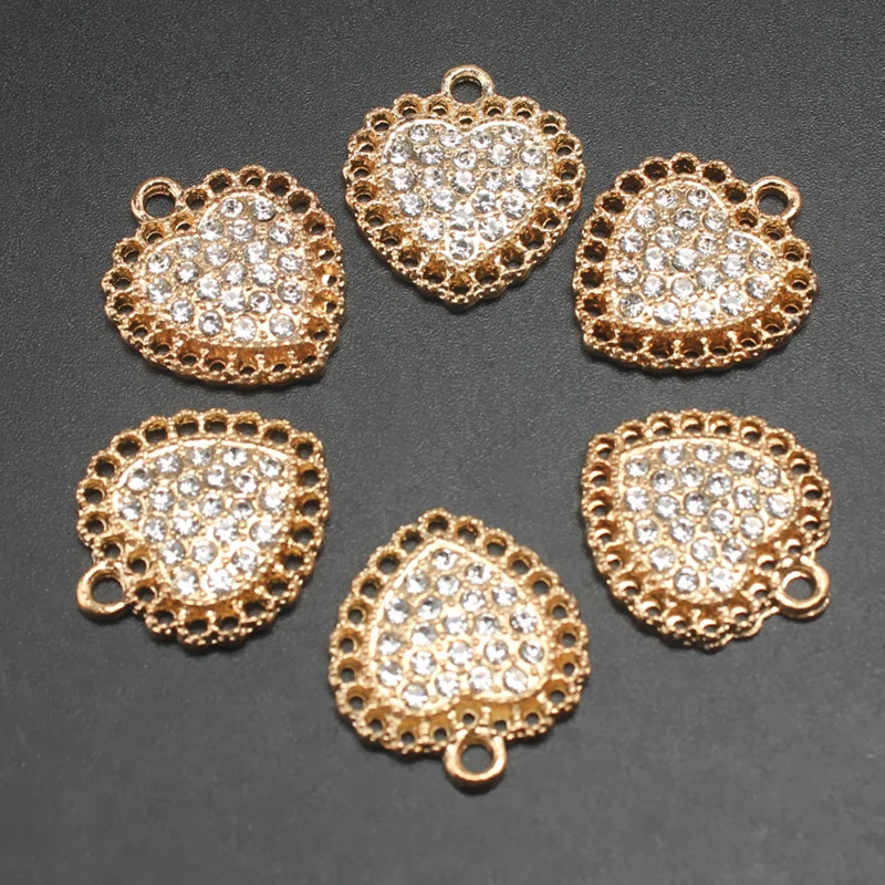 

6pcs Kc Gold Color Rhinestone Hearts Style Alloy Pendant DIY Charms Fashion Bracelet Earrings Jewelry Crafts Metal Accessories