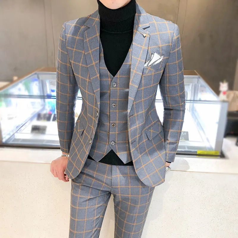 

Men Dress Blazers Pants Vest 3 Piece Set / Male Wedding New 2022 Autumn Business Formal Plaid Suit Luxury Slim Fit Coat Trousers