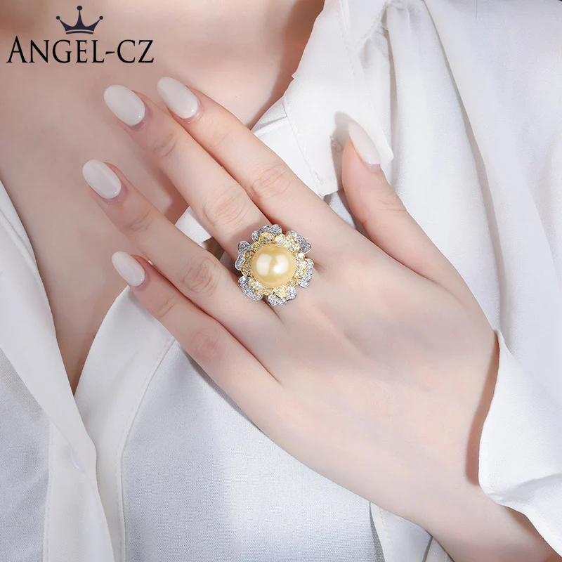 ANGELCZ новый полный микро паве Блестящий AAA Цирконий с шампанским жемчугом большой цветок регулируемая помолвка кольцо невесты AR072