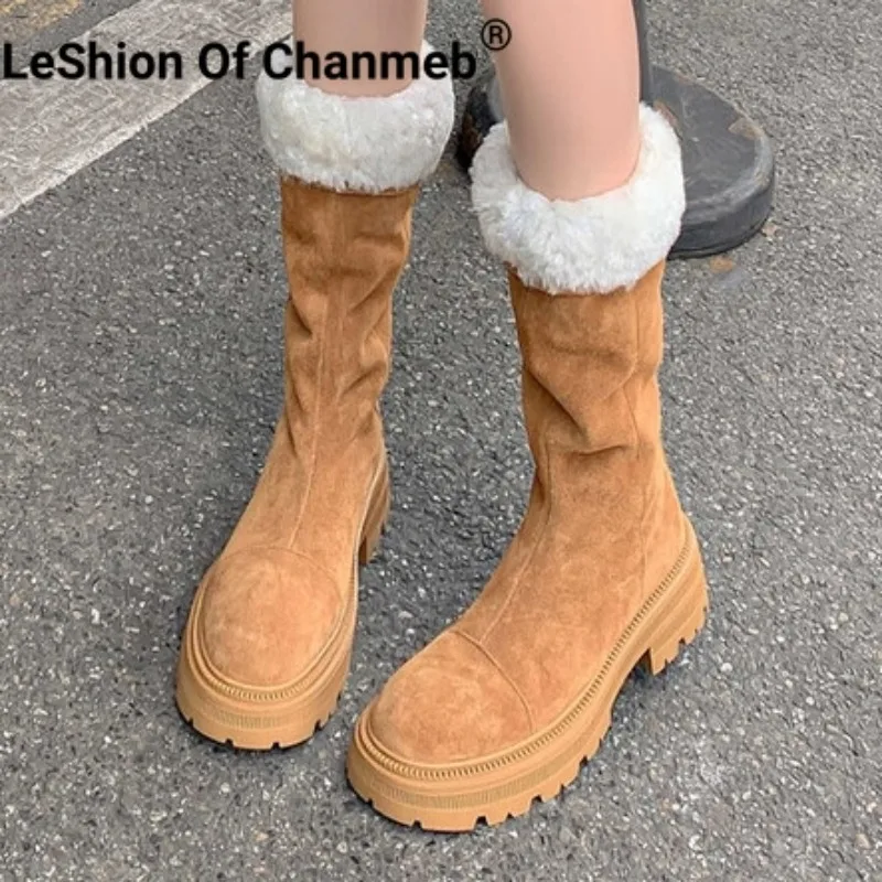 

LeShion Of Chanmeb Women Cow Suede Riding Knee-High Boots Medium Heeled Platforms Wool Fur Boots Round Toe Slip-Ons Shoes Winter