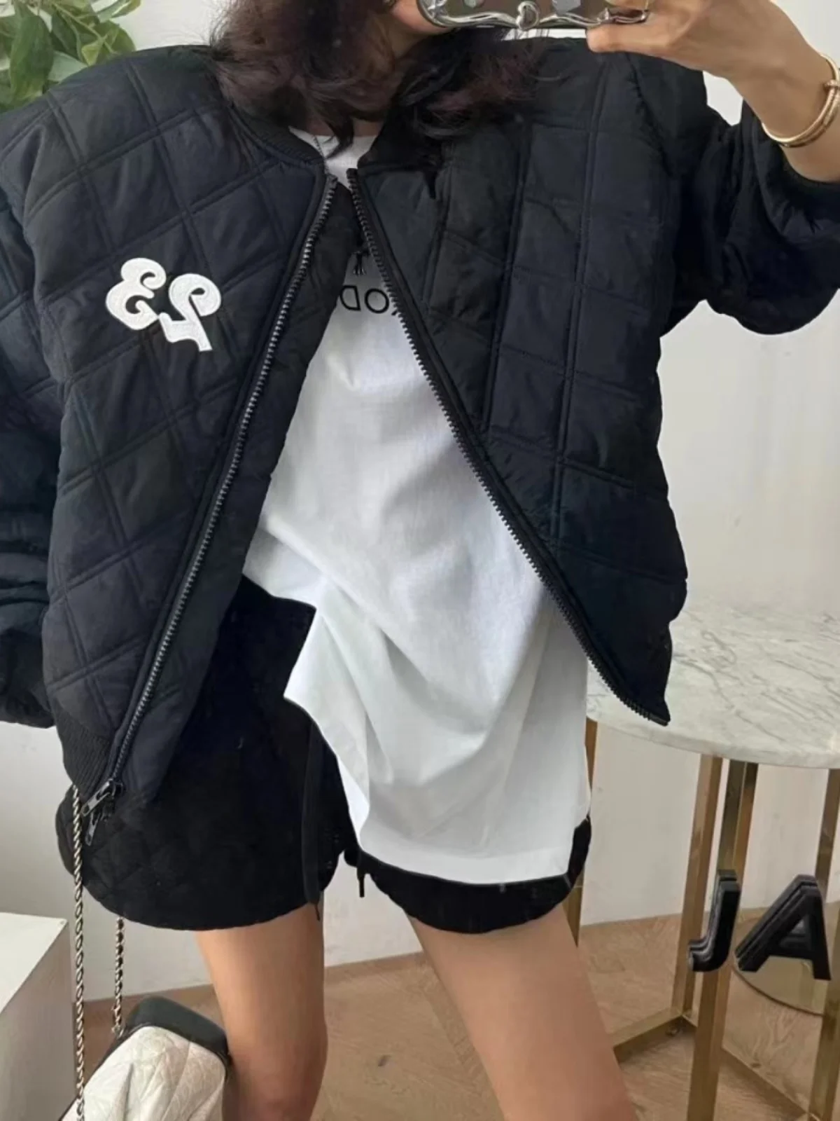 Letter Embroidery Rhombus Baseball Uniform Cotton-padded jacket Outerwear Women South korea Stand Collar Quilted Warm Age-Red...