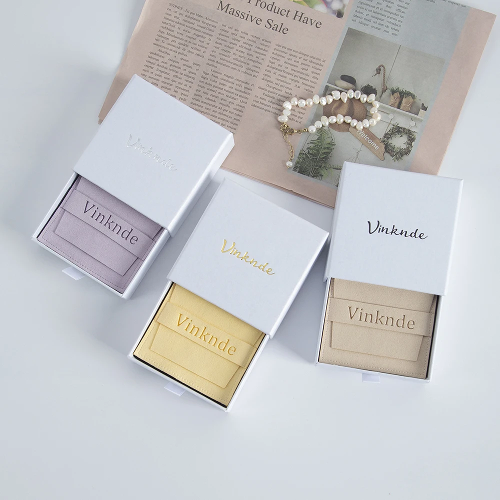 White Cardboard Drawer Jewelry Boxes Custom Logo Jewelry Ring Necklace Earring Bracelet Microfiber Gift bags Small Business Case