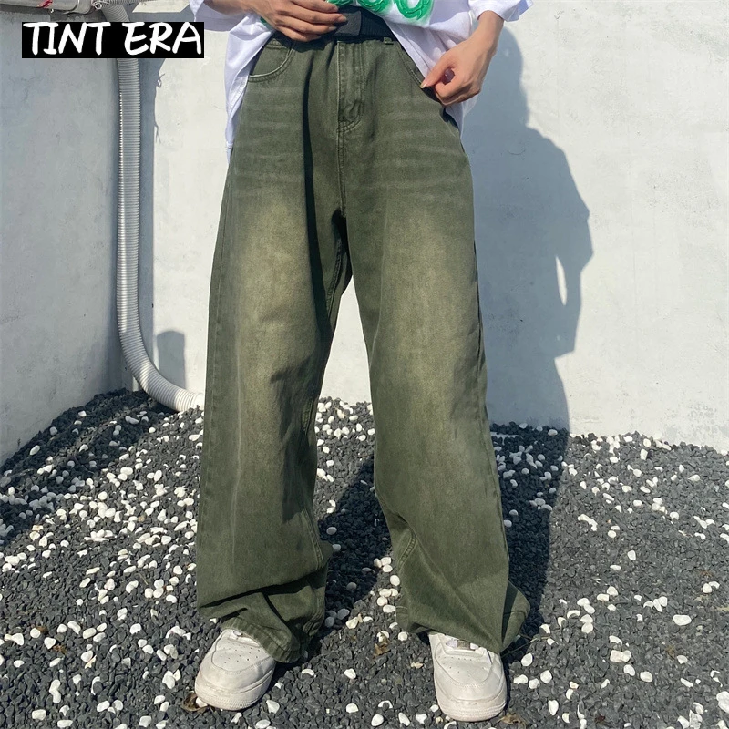 TINT ERA Green Jeans Baggy Distressed Vintage Denim Trousers Male Wide Leg Pants Men Streetwear Retro Oversize Casual Hip Hop