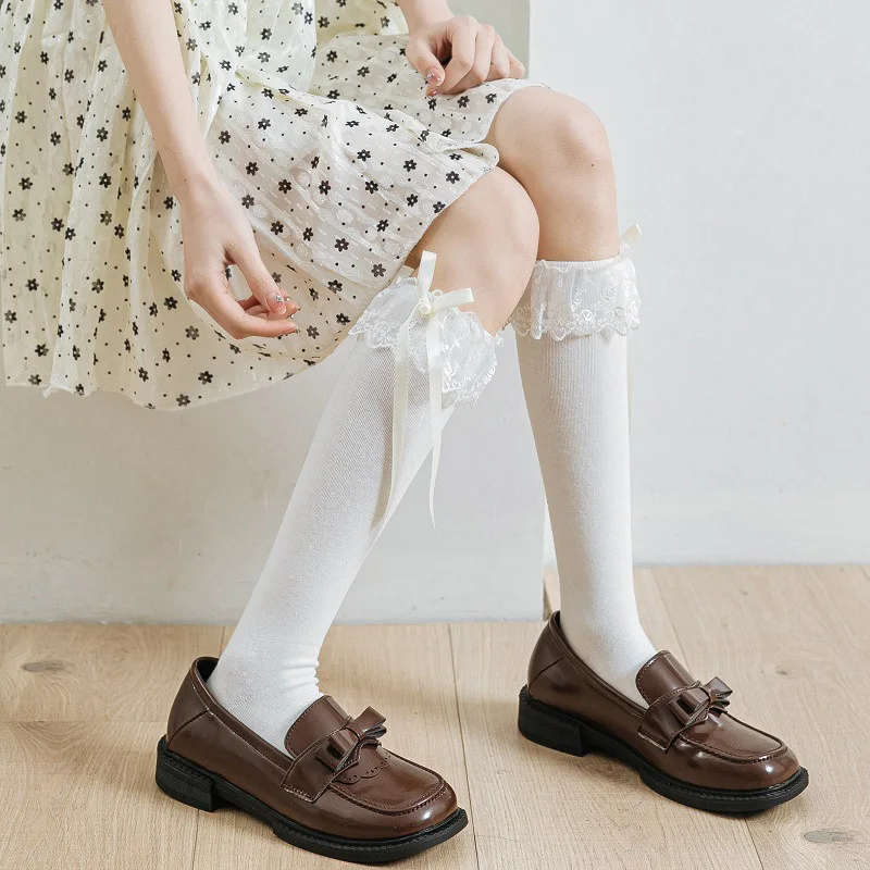 

Lolita Lace Women Stockings Bowknot Frilly High Knee Socks Female JK Cotton Long Stocking Thigh Girls Calcetine Medias