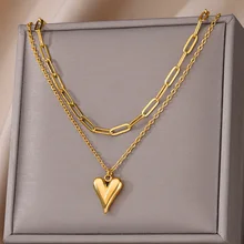 Double Layers Heart Necklaces For Women Gold Color Neck Chain Stainless Steel Necklace Pendant Jewelry Female Gift Free Shipping