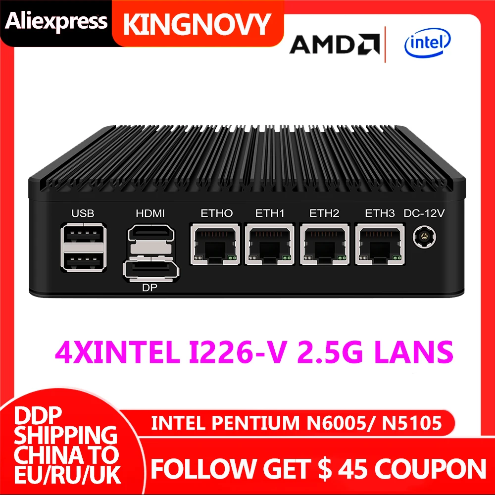 New 4*Intel i226 2.5G 11th Gen Pentium N6005 Firewall Soft Router DDR4 NVMe TPM2.0 4K UHD OPNsense ESXi Proxmox Fanless Mini PC