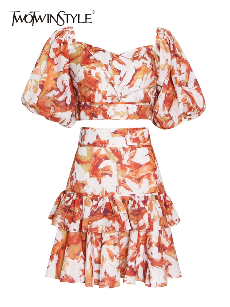 

TWOTWINSTYLE Loose Two Piece Set Womens Round Neck Short Sleeve Tops High Waist Mini Skirts Vintage Print Sets Female Clothing