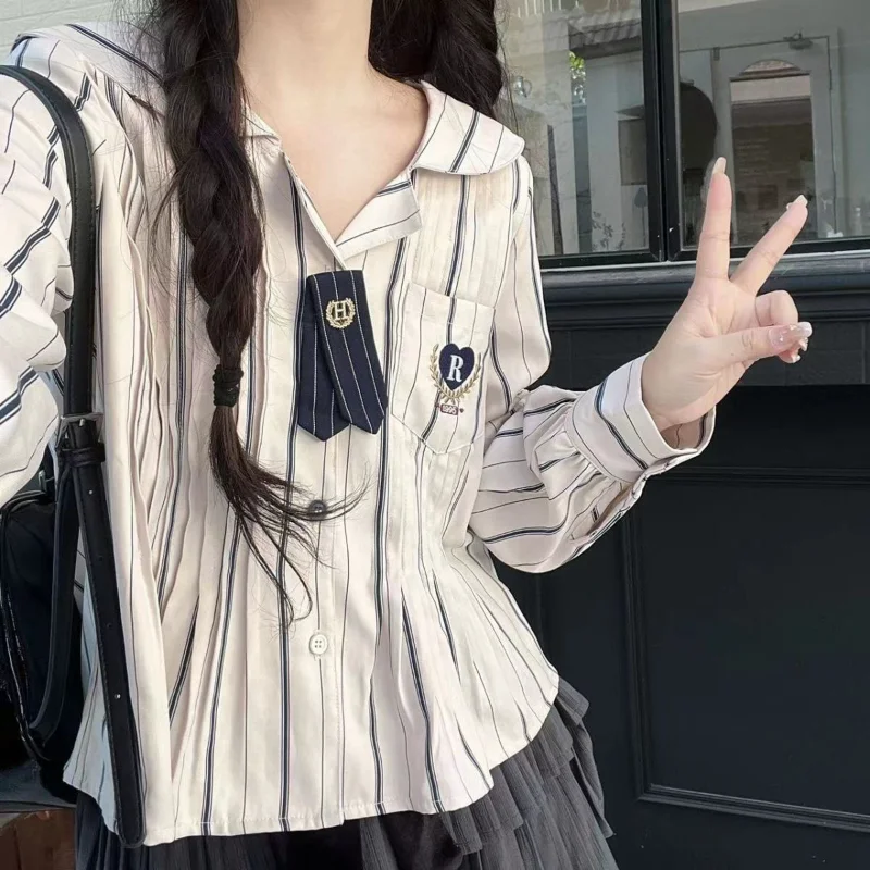 

Рубашка DUOFAN Женская в японском стиле, блузка в полоску с воротником, с карманами, в стиле пэчворк, Топ с длинным рукавом, весна-осень