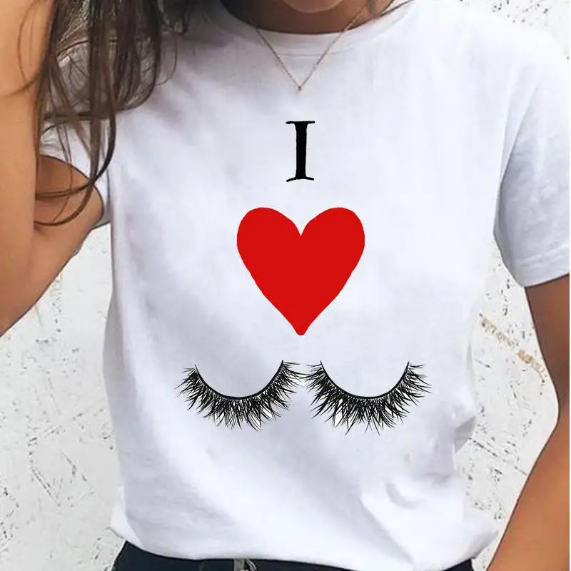 

Women T-shirts Female Eye Lashes T Tee Ladies Short Sleeve Love Heart Cute Cartoon Clothes Spring Summer Fashion Graphic Tshirt