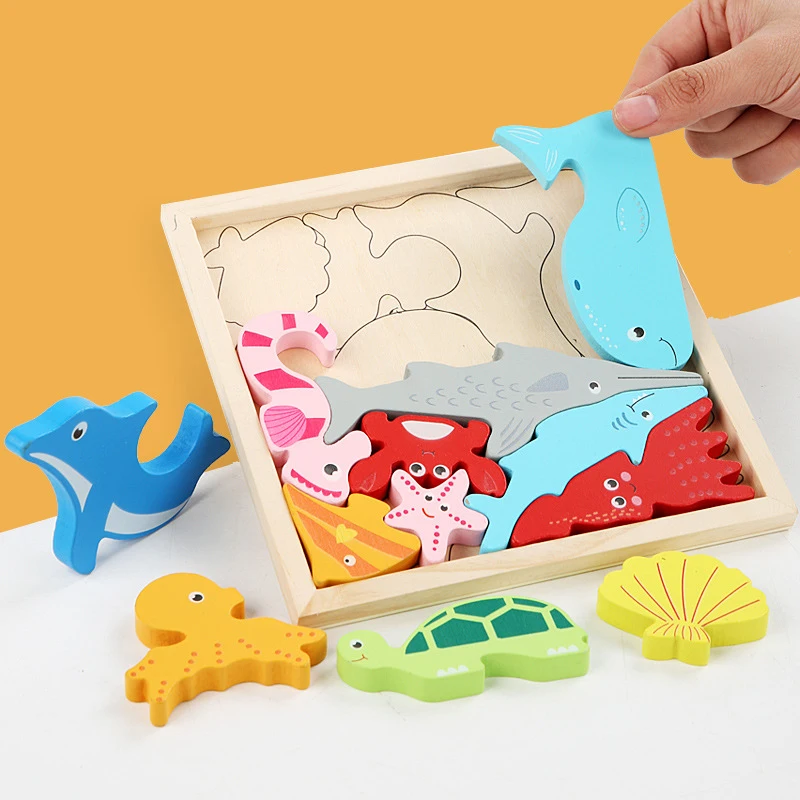 

Children's Three-dimensional Jigsaw Puzzle Fun Teaching Aid Development Intellectual Toys Wooden Dinosaur Animal Jigsaw Puzzle