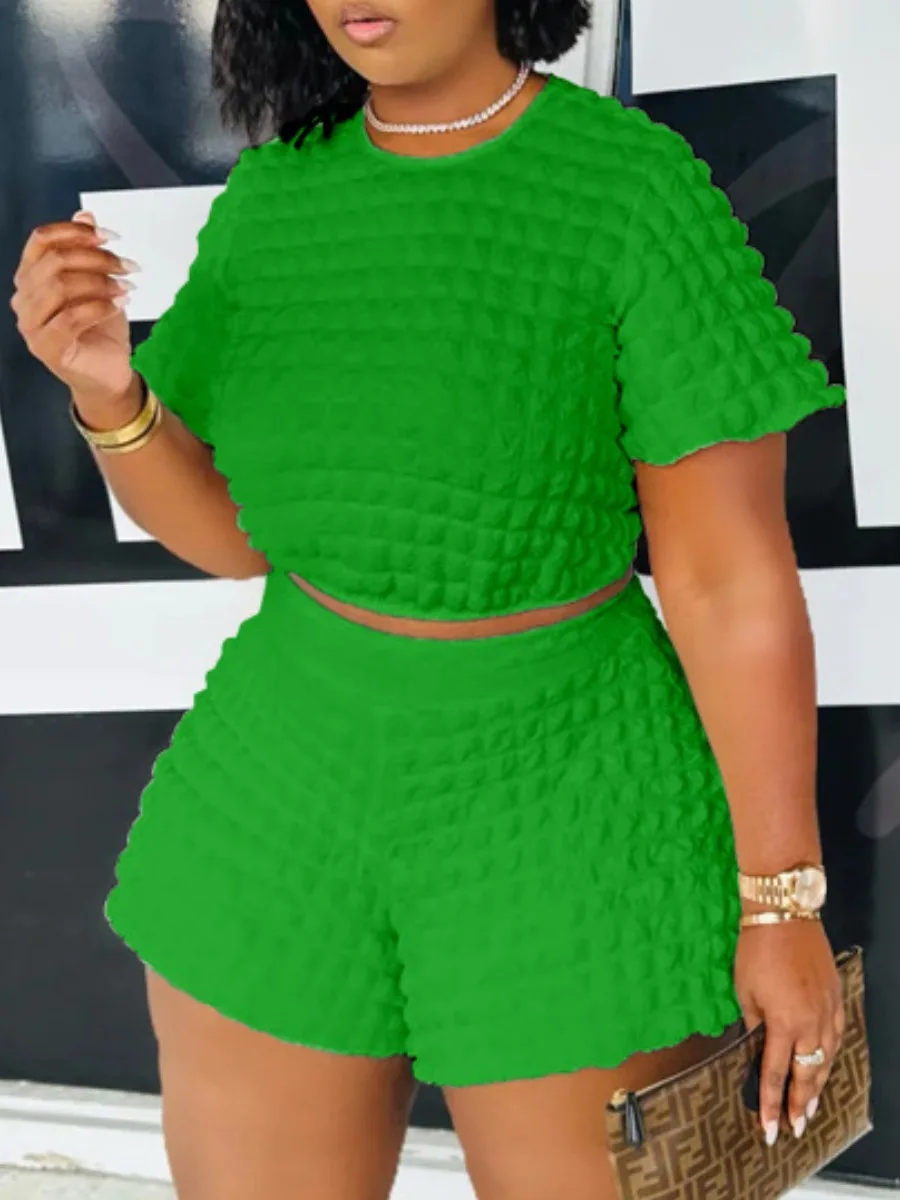 LW Plus Size summer two pieces set Crop Top Waffle Knit Shorts Set Women Summer Short Sleeve T-shirt & shorts Women's Suits