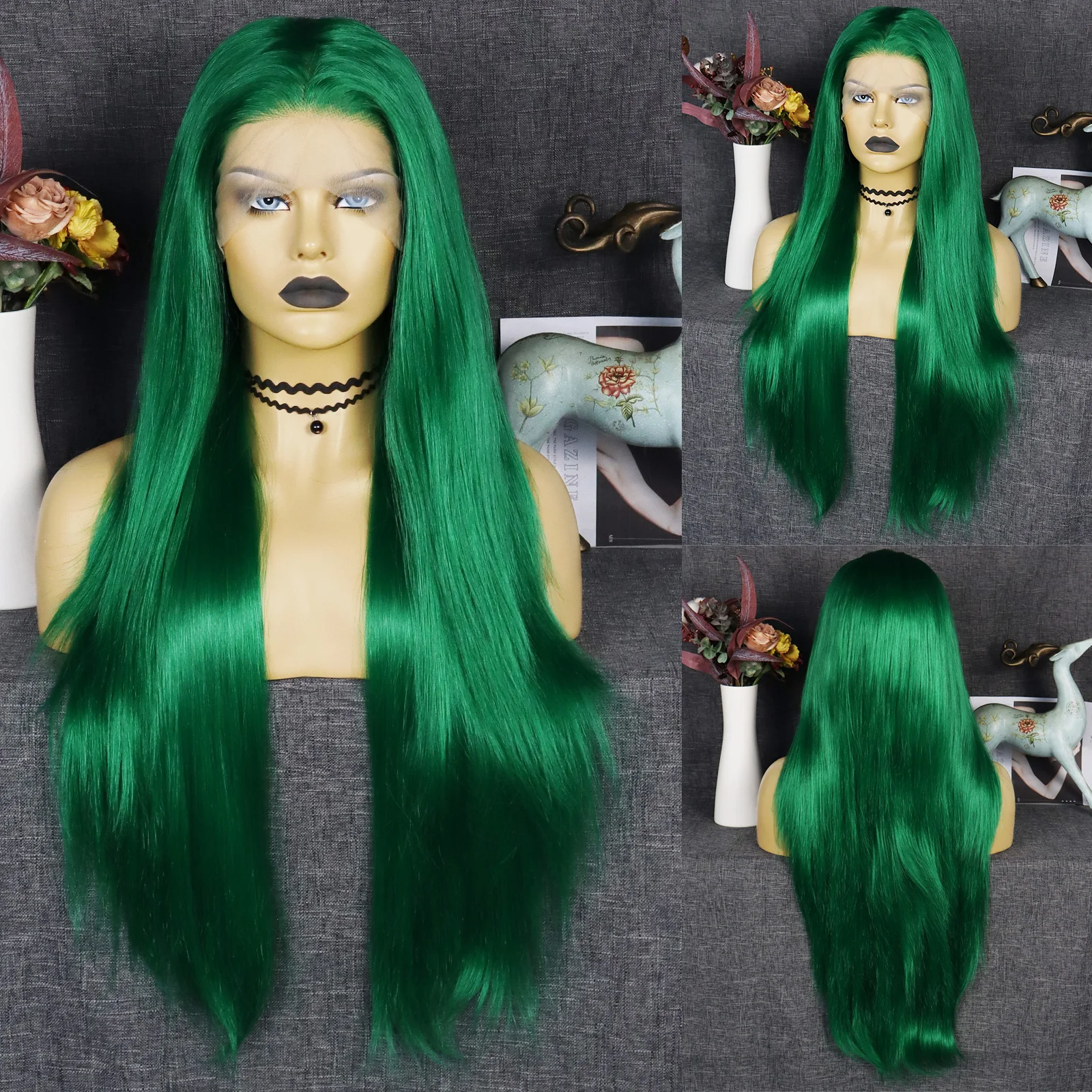 30 Inches Synthetic 13x3 Lace Front Wigs Green Straight Hair Heat Resistant Fiber Cosplay For Black Women Hollywood Party