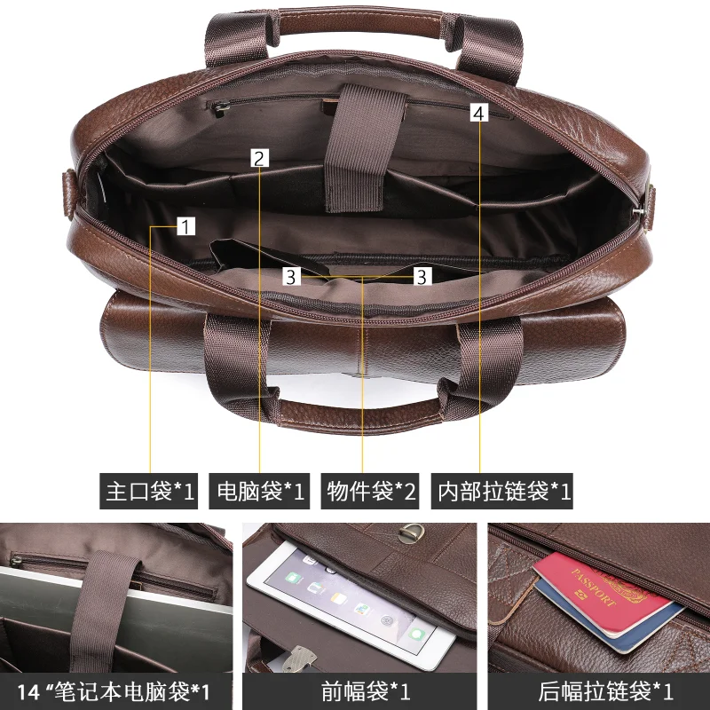 100% genuine leather men's fashion retro business bag portable briefcase large-capacity first layer leather computer men's bag