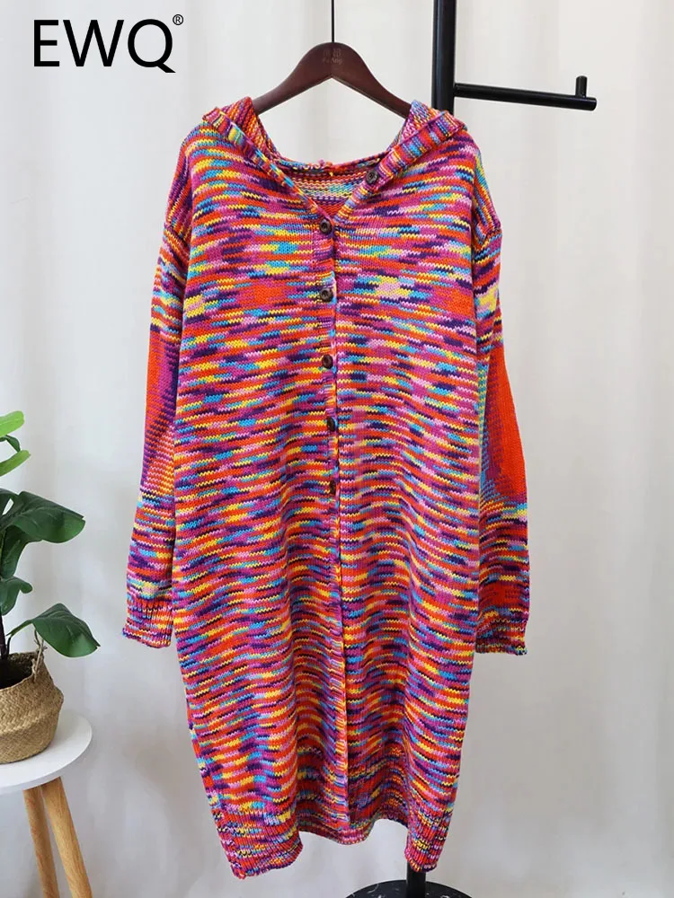 

EWQ Sweet Style Rainbow Color Korean Chic Women Cardigan Sweater Hooded Single-breasted Coats Autumn Winter 2023 New 27SN4279