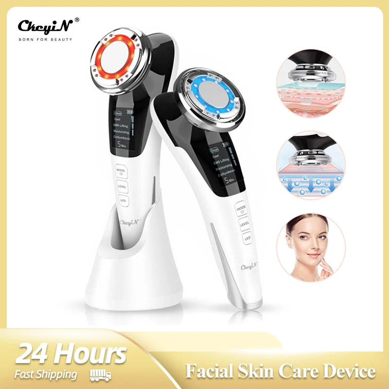 CkeyiN EMS Facial Massager LED Light Therapy Vibration Wrinkle Removal Skin Tightening Hot Cool Compress Skin Care Beauty Device