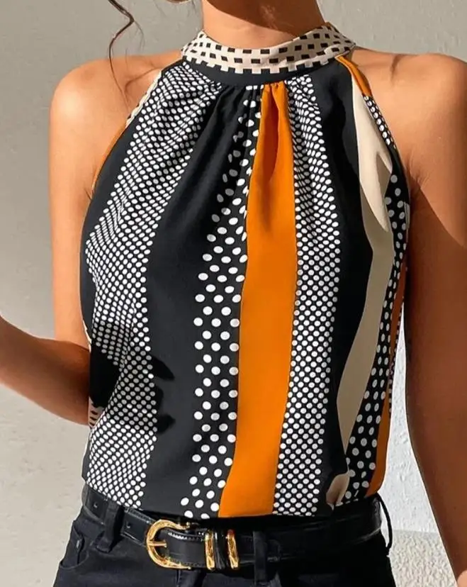 

Top Women 2023 Summer Fashion Polka Dot Print Sleeveless Casual Mock Neck Daily Tank Top Y2K Clothes