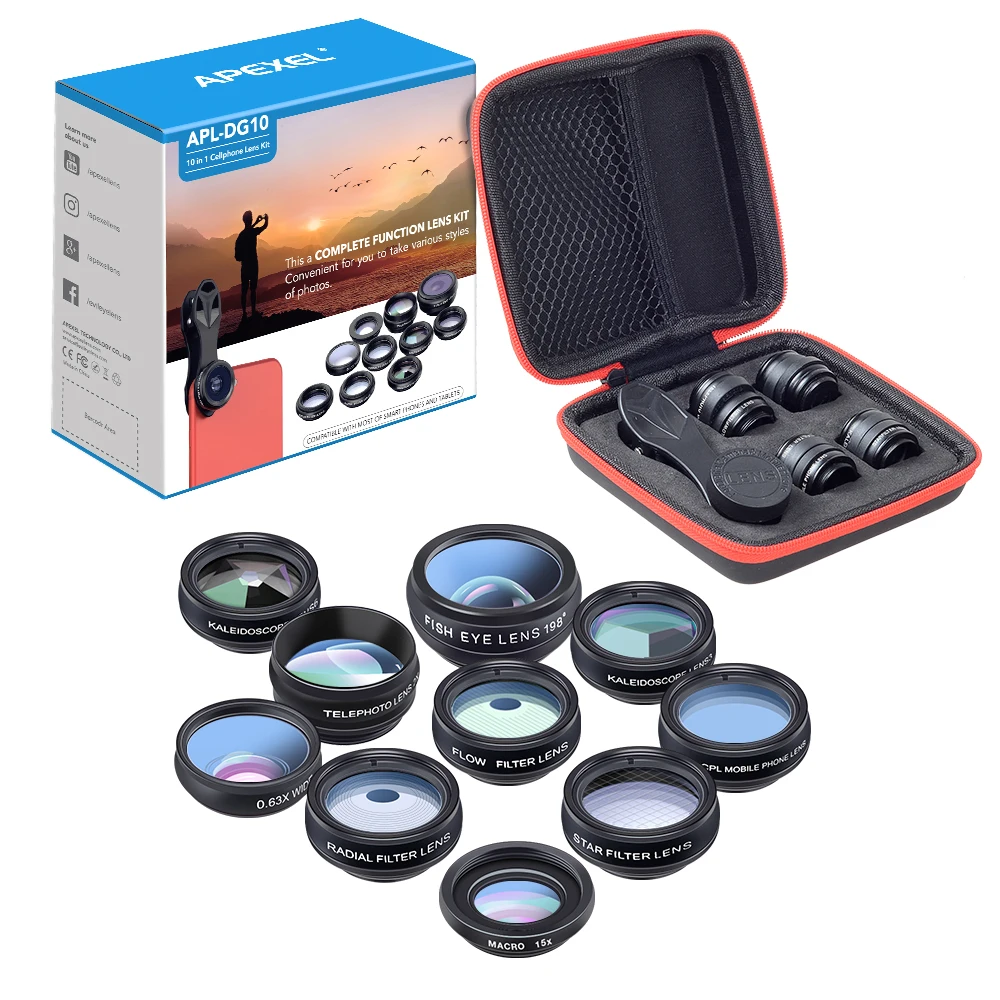 APEXEL HD Multi-Function 10IN1 11IN1 Phones Camera Lens Kits Macro Wide Angle Telephoto With CPL Star Filter For iPhone Samsung