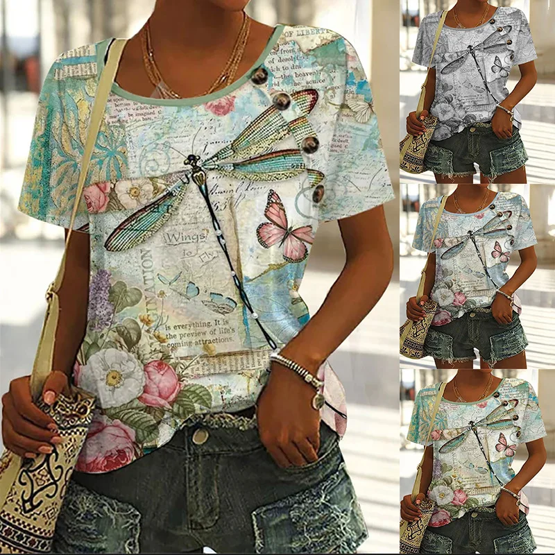

2023 Summer Women's New Loose Round Neck Pullover Short Sleeve Printed Button T-shirt Women Fashion Casual Versatile Top Female