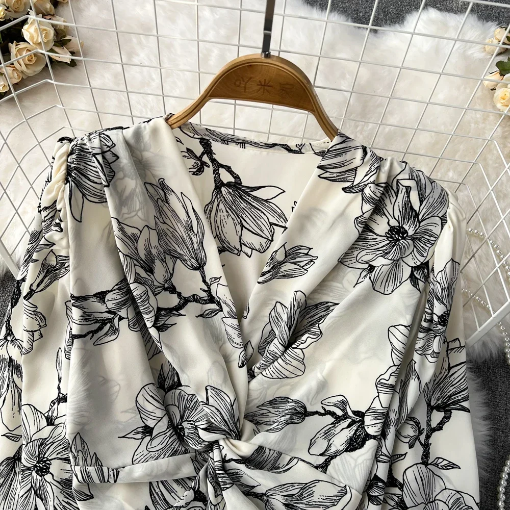 Женская блузка с длинным рукавом элегантная винтажная плиссированная цветочным
