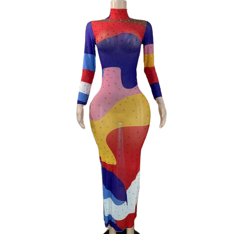 

Sexy Multi-color Splice Colorful Rhinestones Stretch Long Sleeves Dress Transparent Birthday Prom Celebrate Evening Dance Dress