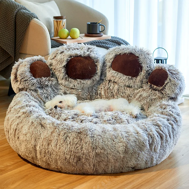 

Большая кровать для собаки, кота, домик, коврик, длинный плюшевый для глубокого сна, теплый для зимы, мягкий диван, подушка в форме медвежьей лапы, кровати для домашних животных, роскошный вольер