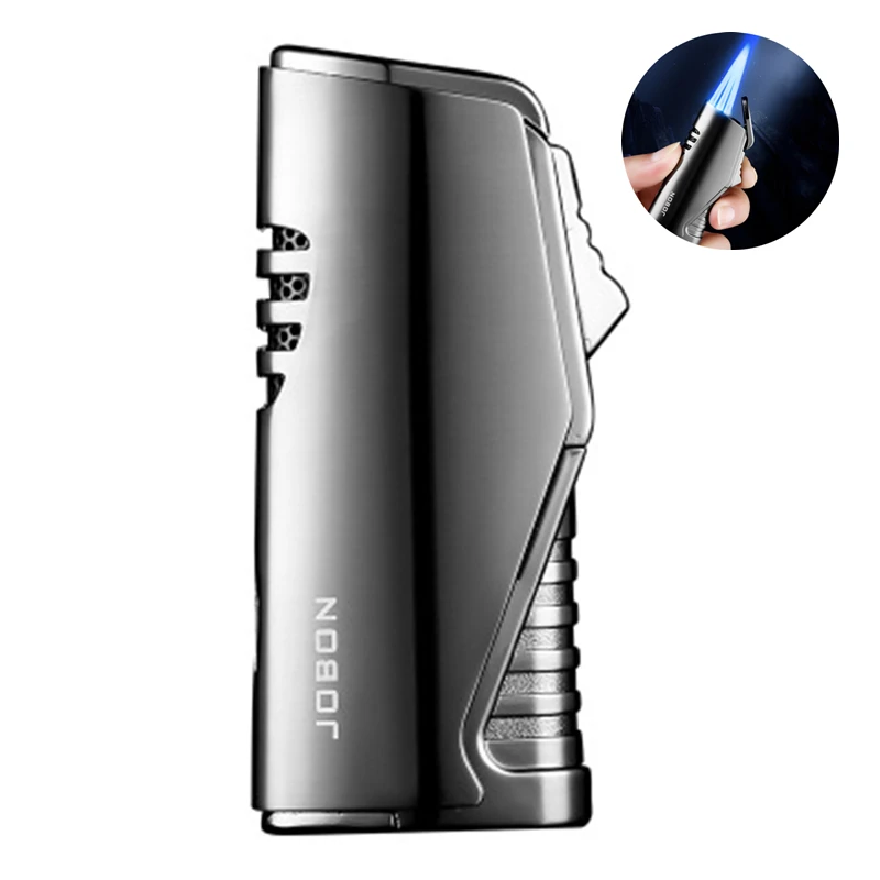 

Jobon Triple Torch Cigar Lighter Pipe with Cutter Visible Gas Tank Windproof Blue Jet Flame Butane Lighter Smoking Accessories