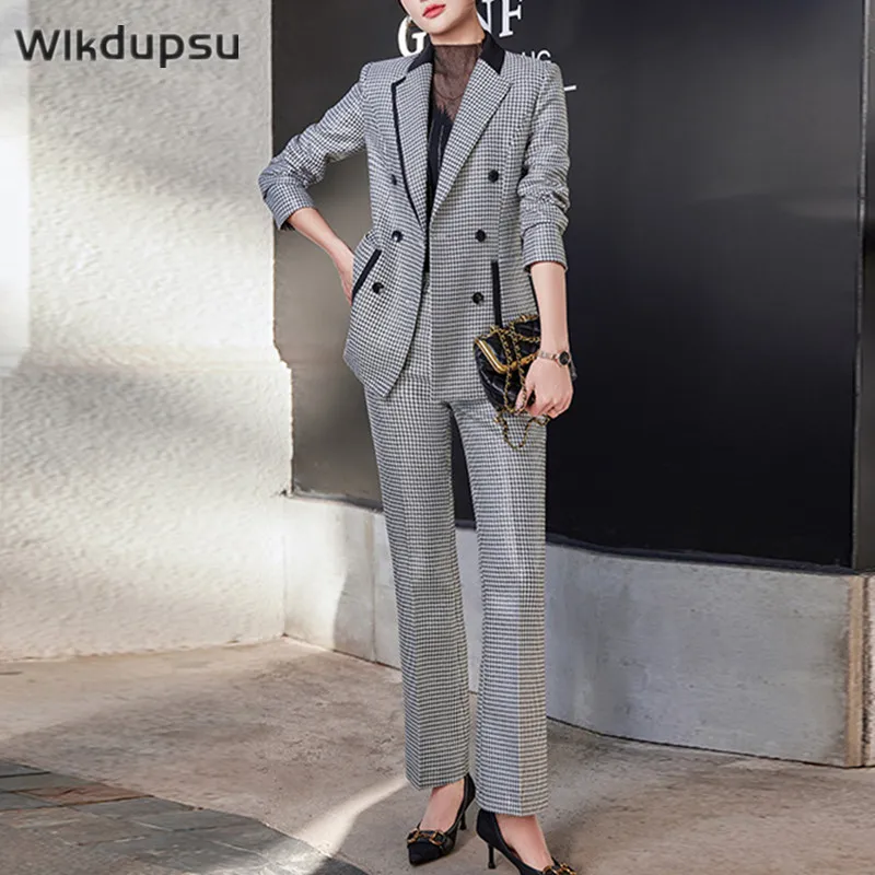 2022 Autumn Winter Women's Office Ladies Suits Notched Two Piece Sets Female Double Button Plaid Blazer Elegant Pantsuits Outfit
