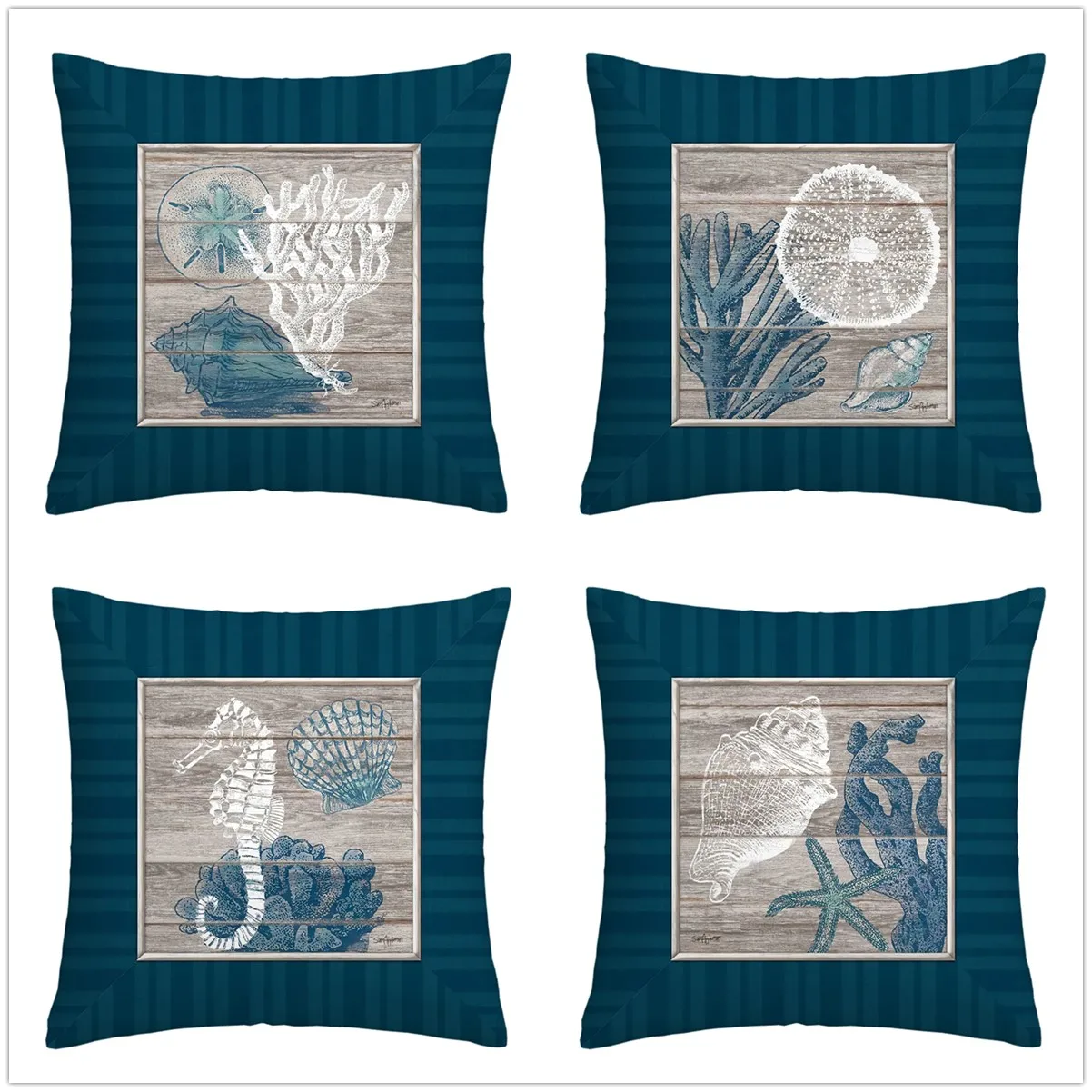 Blue White Shellfish Painting Linen Pillow Cover Upholstery 