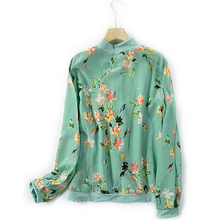 Женская короткая бейсбольная куртка из шелка тутового шелкопряда с длинным