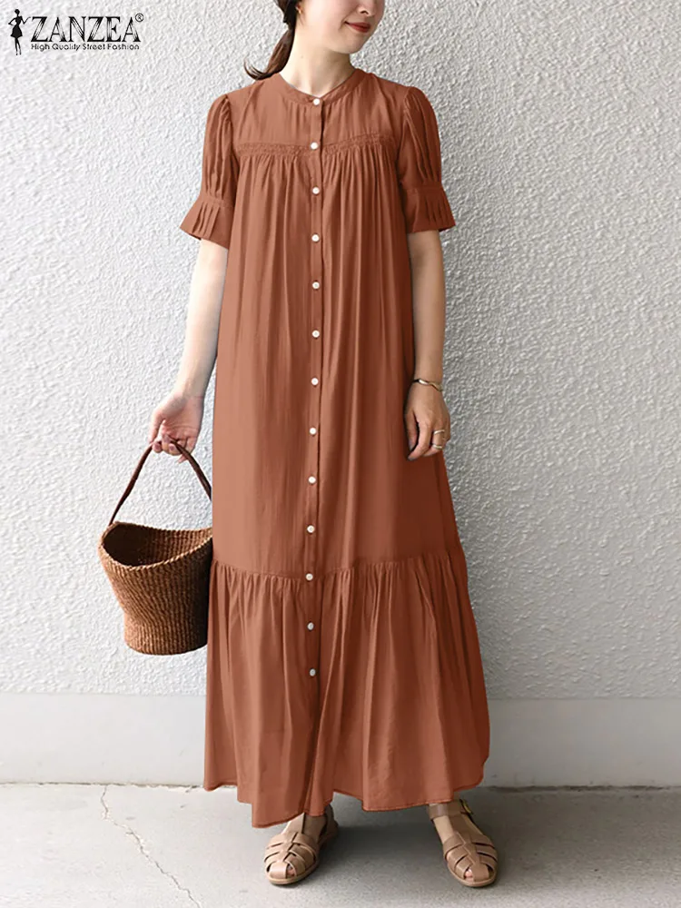 

Women Elegant Short Sleeve Ruffles Hem Sundress ZANZEA Fashion Summer Long Shirt Dress Kaftan Solid Loose Buttons Down Vestido