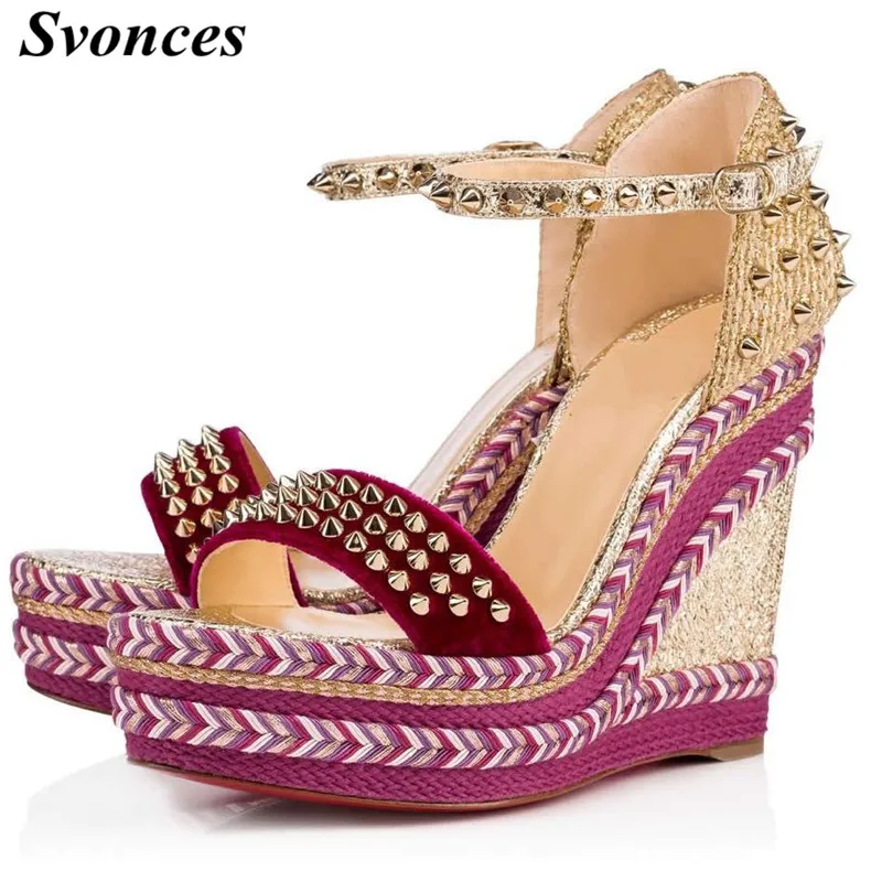 

Pink Espadrille Women Wedges Shoes 2020 Summer Sandals Studded Platform High Heel Sandals Braided 12cm Denim Wedge Heel Red Sole