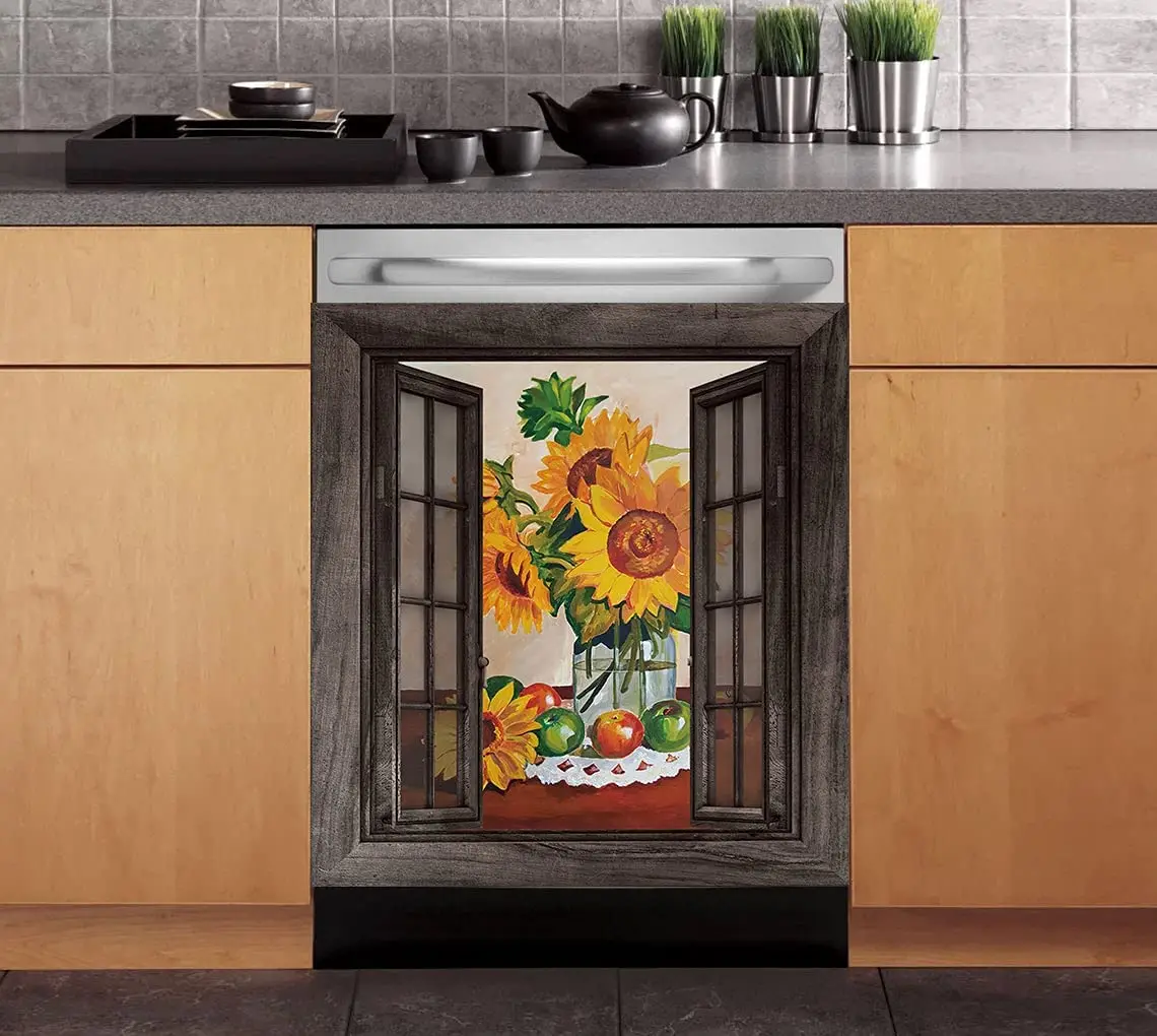 

Sunflowers Kitchen Dishwasher Magnet for Metal Washers, Vintage Windows Dishwasher Magnetic Cover, Flower Kitchen Decorative Ref
