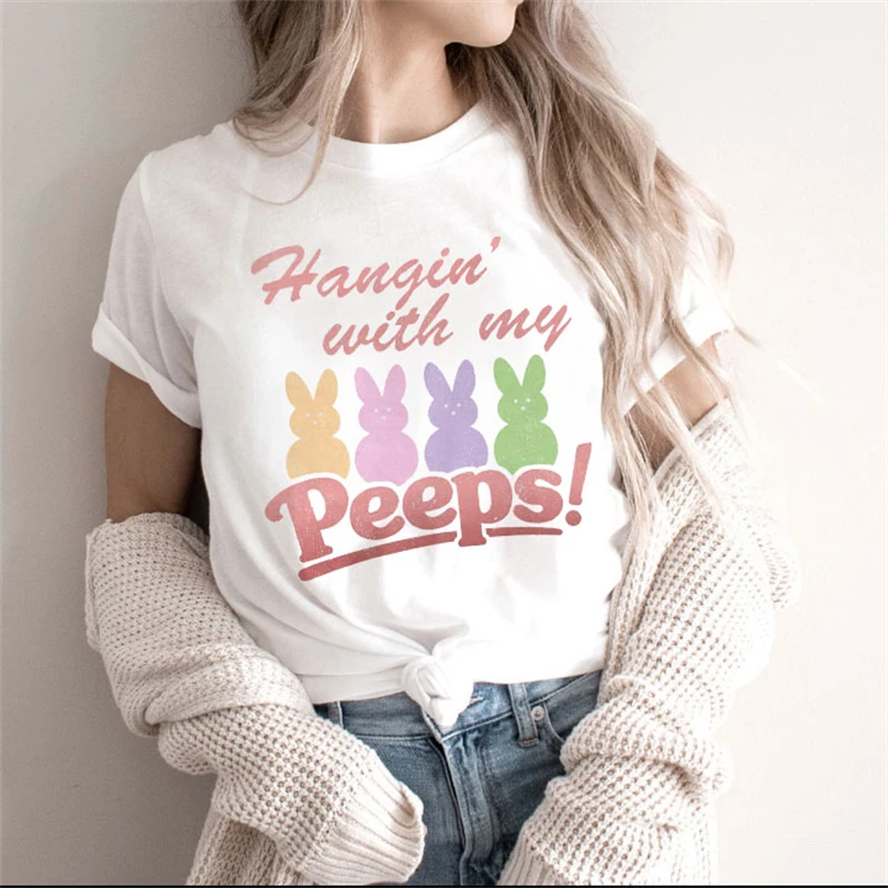 

Футболка женская с коротким рукавом, топ с принтом кролика в стиле 90-х, модная повседневная футболка с графическим принтом, одежда на лето