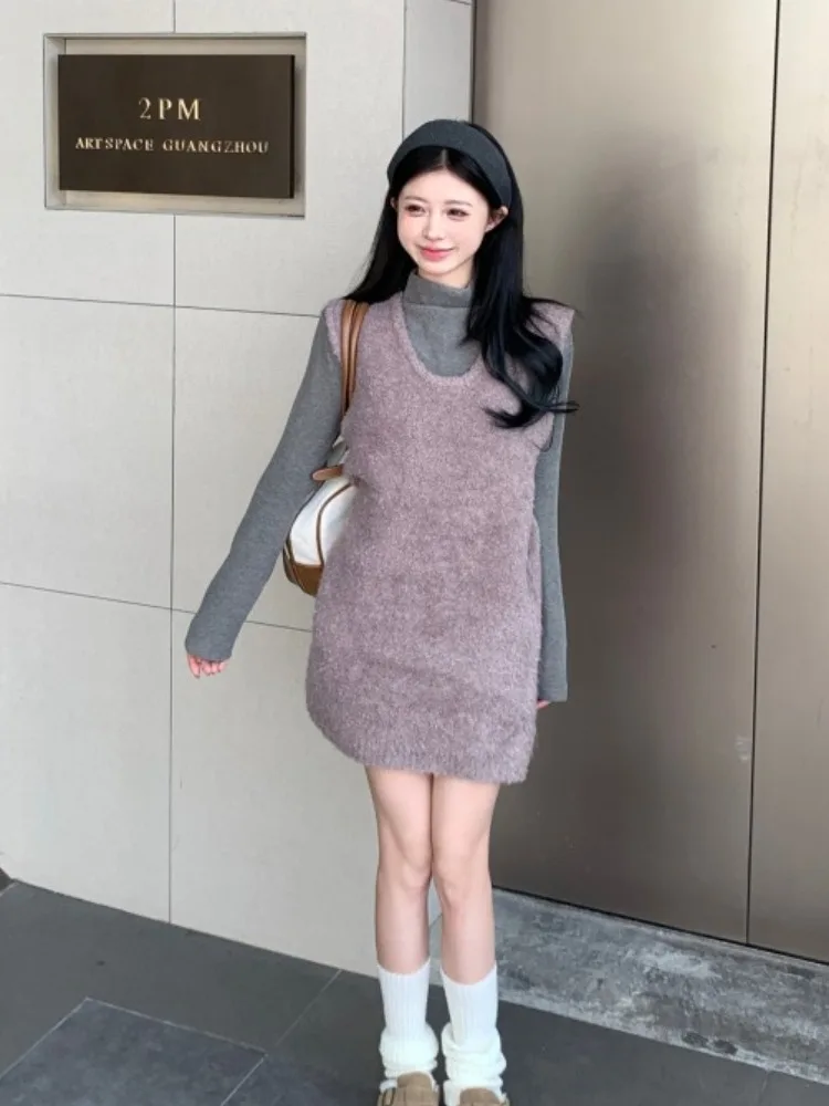 Элегантное круглое меховое фиолетовое платье-жилет во французском стиле женское